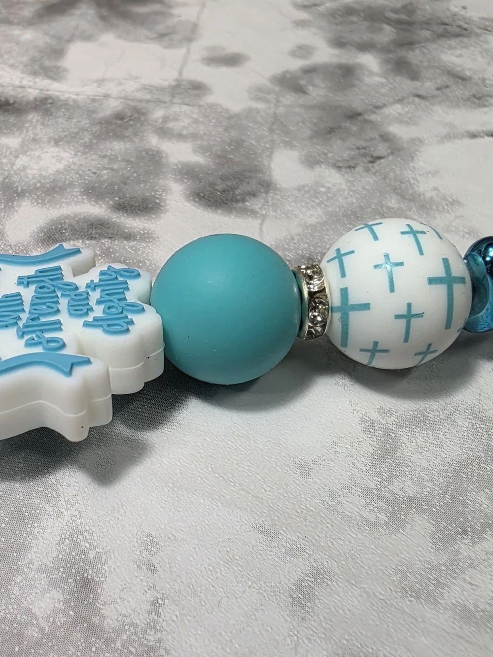 Handmade Turquoise Cross Bead Keychain with White Tassel